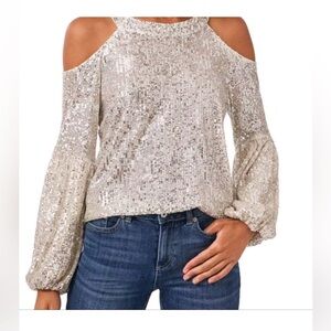 CeCe Silver Sequin Cold Shoulder Blouse